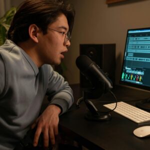Asian man using a microphone in a recording studio setting for sound engineering.